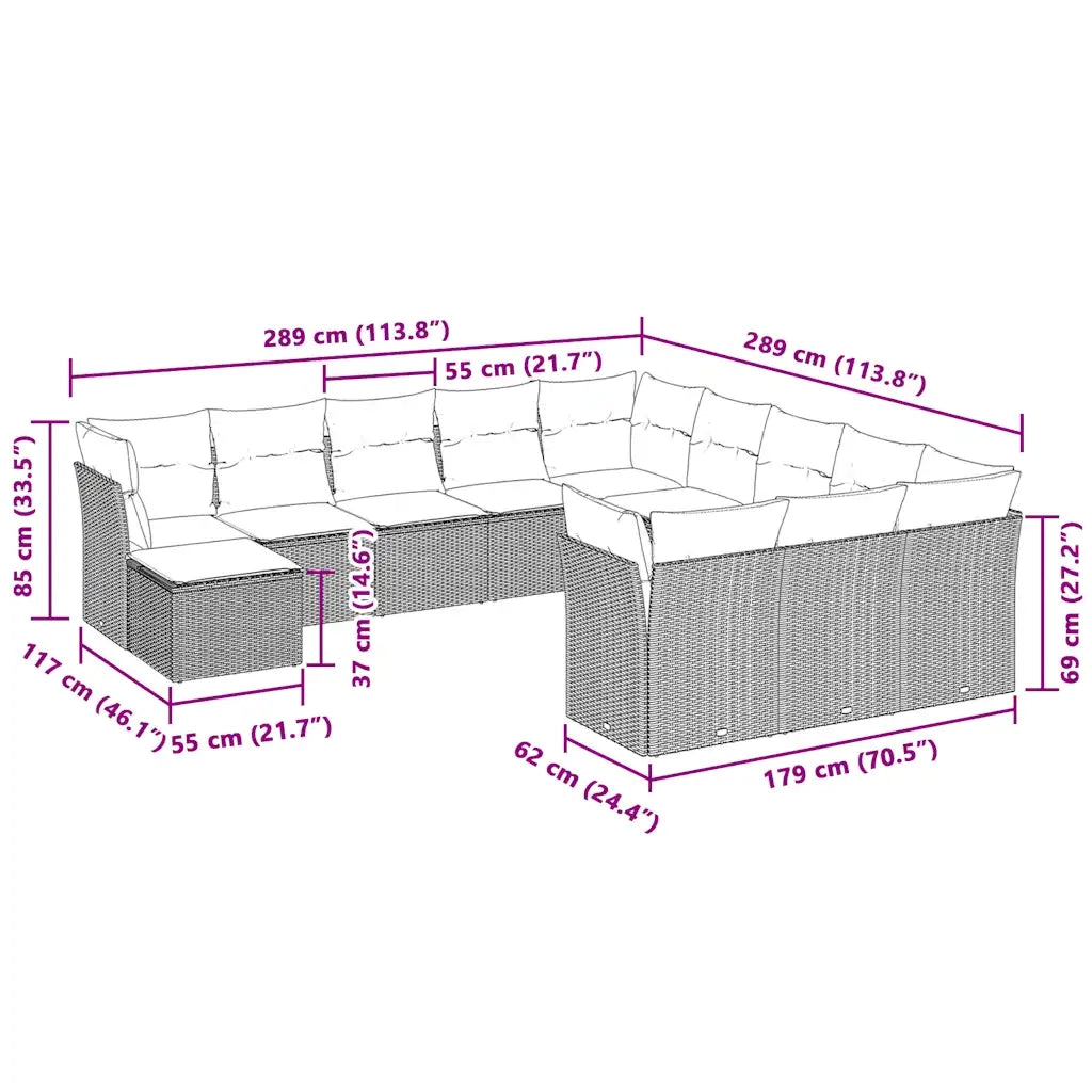 Set Divano Giardino 12 pz con Cuscini Grigio Chiaro Polyrattan 3218632
