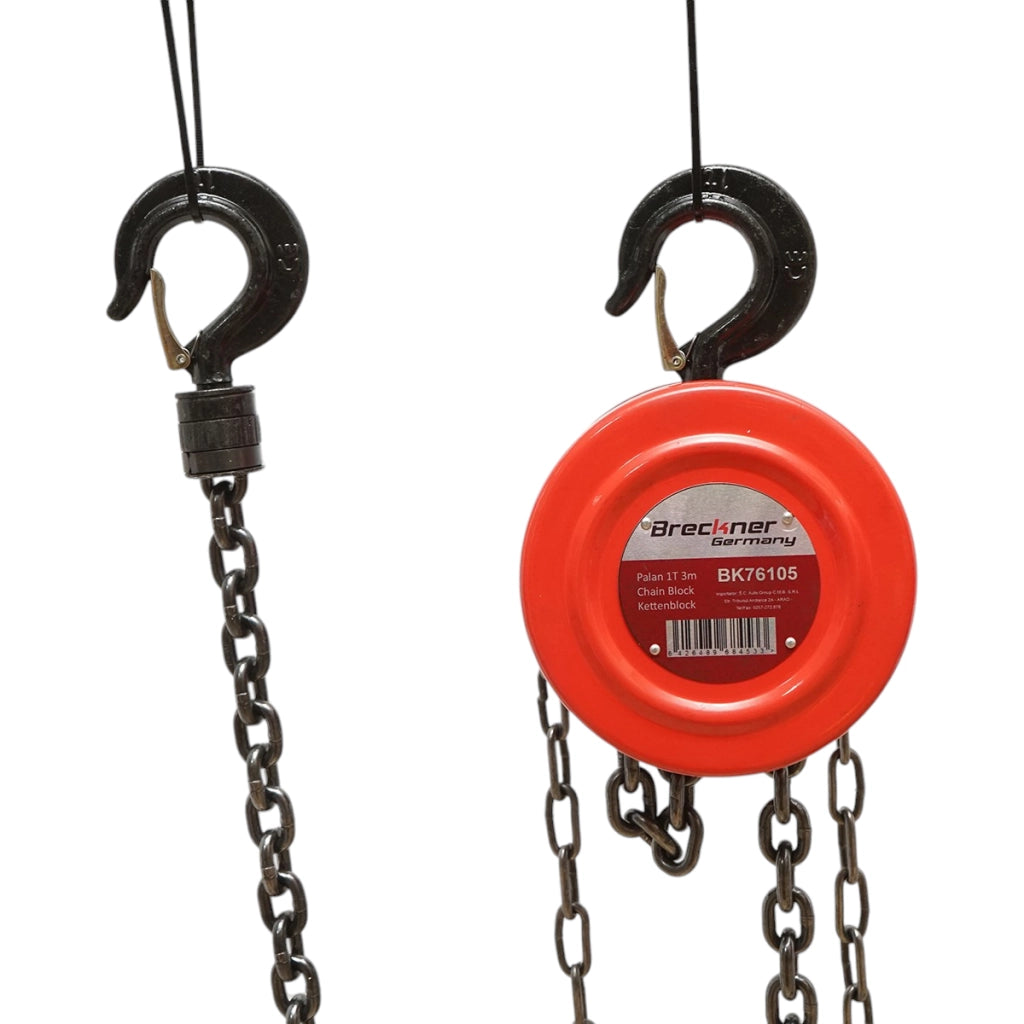 Paranco manuale con catena da 3 m, carico massimo 1000 kg, gancio di sicurezza Breckner Germany