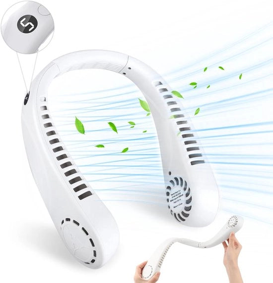 Ventilatore da collo - Bianco - Ventilatore da collo, 1200mA ventilatore da collo, ventilatore da collo portatile personale, caricabile via USB, 5 velocità, ventilatore da collo LED, regolabile su 360 gradi