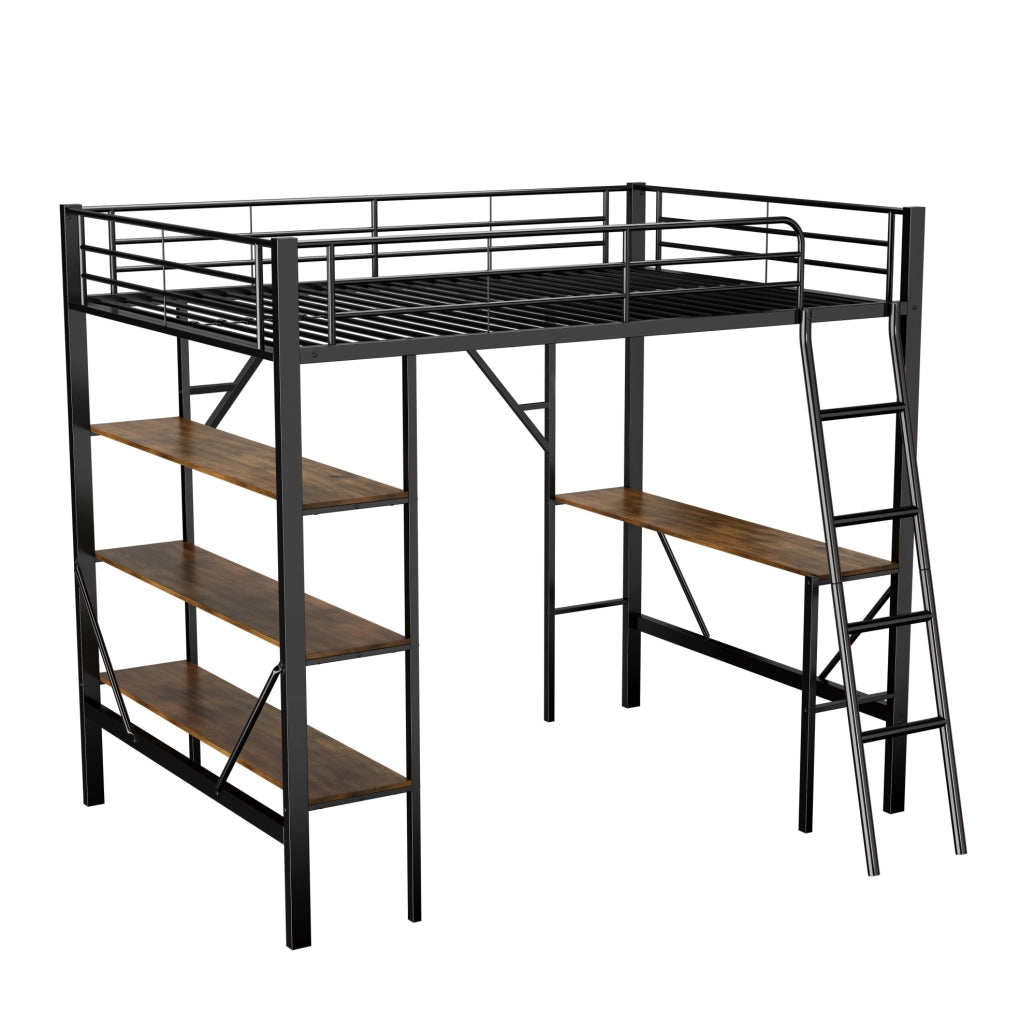 Letto a soppalco con scrivania e ripiani, 90 x 200 cm, nero