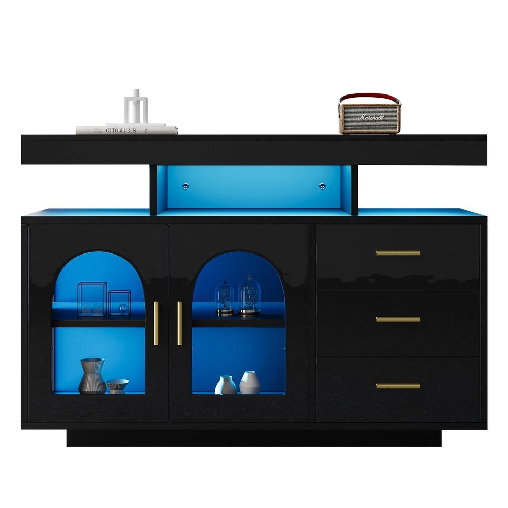Credenza Buffet con LED 16 Colori ¨C MINIMAL ¨C Nero Lucido 120 cm, Cassetto, Soggiorno