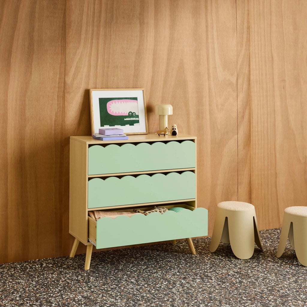 Cassettiera per bambini effetto legno 3 cassetti, verde