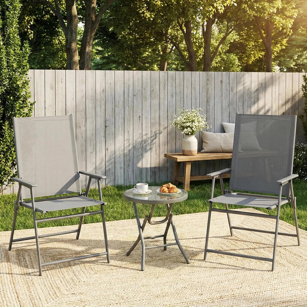 Set di 2 Sedie da Giardino Pieghevoli, Sedie da Campeggio con Schienale e Braccioli, Struttura in Metallo, Portata 120kg, Sedia Pieghevole Leggera per Balcone, Terrazza, Grigio Scuro