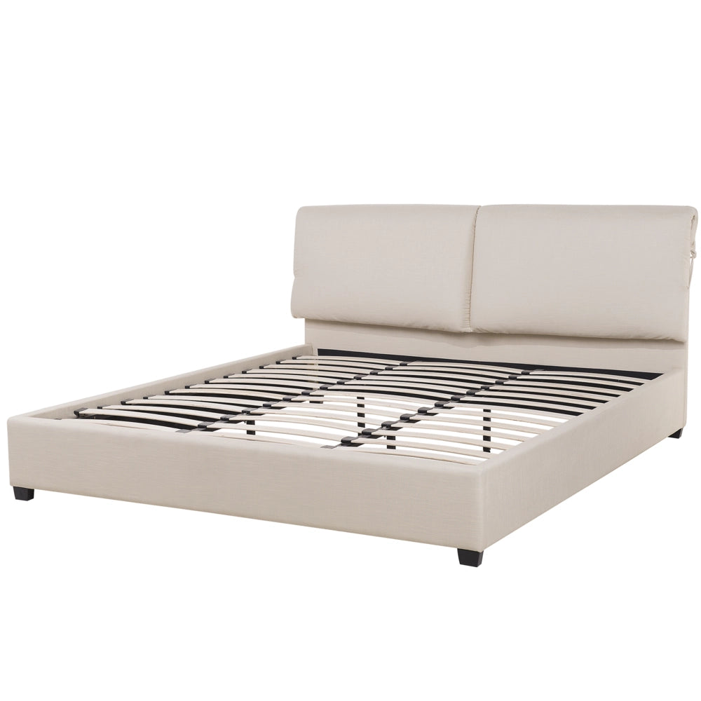 Letto Imbottito di colore Beige Effetto Lino a Doghe Gambe in Legno 180 x 200 cm matrimoniale