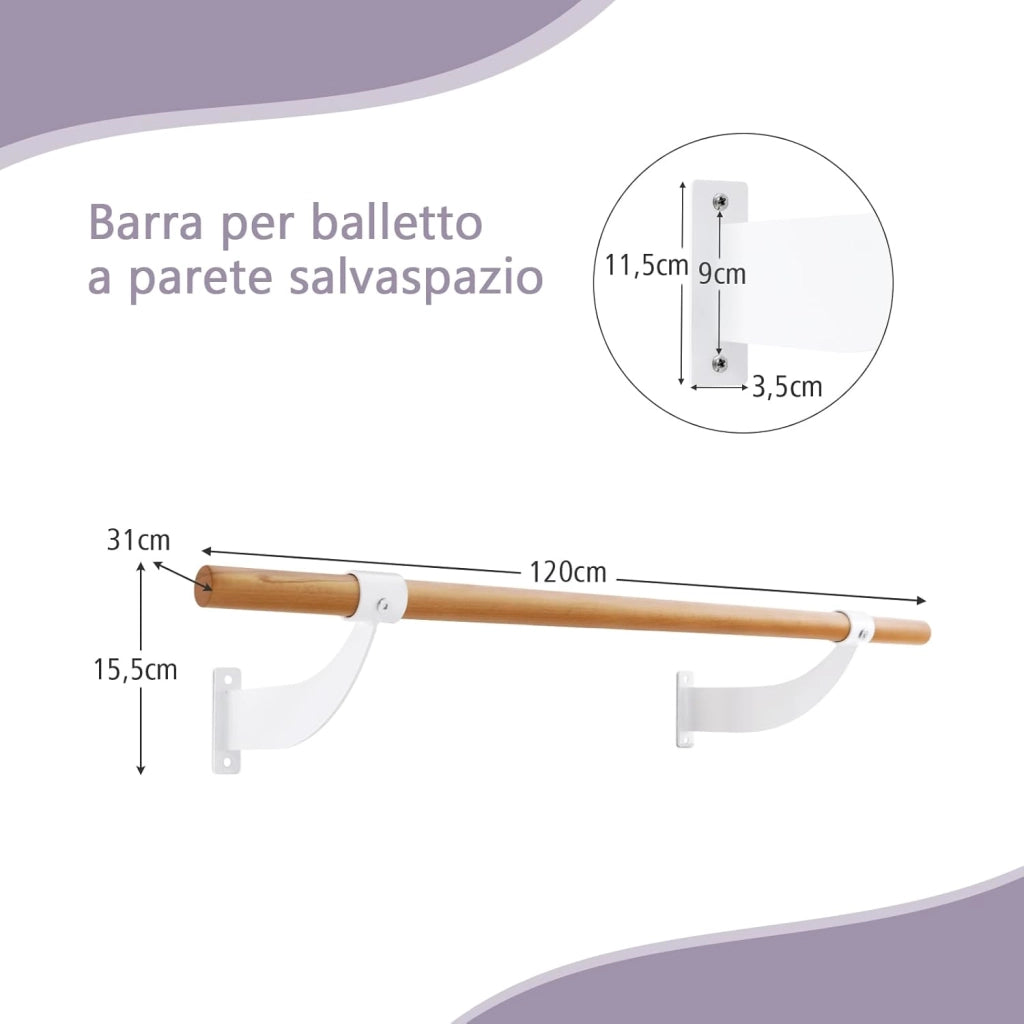 Sbarra Danza Classica da Parete, Barra per Balletto Singola, Idelae per Yoga, Stretching, Allenamento e Pose di Balletto, 120 x 15,5 x 31 cm