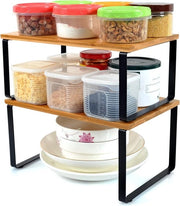 Set di raccogliori in bambù per cucina, organizzatore, set di 2 raccogliori pieghevoli, contenitore in legno, nero, espandibile