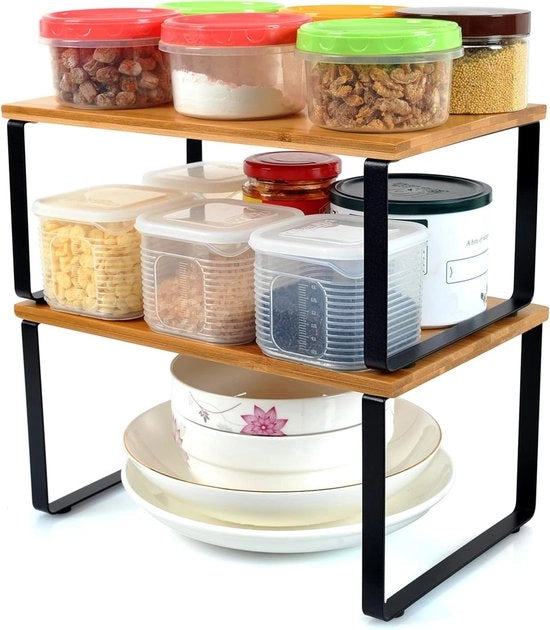 Set di raccogliori in bambù per cucina, organizzatore, set di 2 raccogliori pieghevoli, contenitore in legno, nero, espandibile