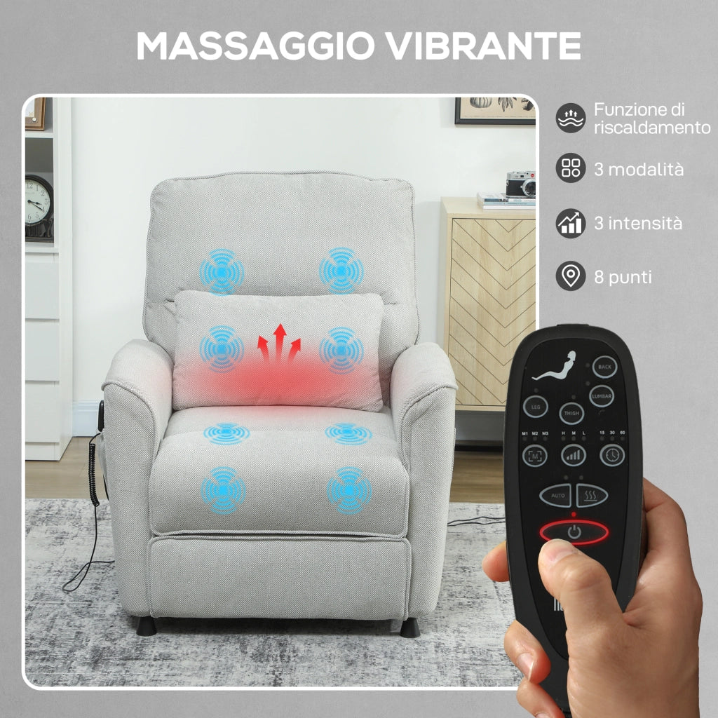 Poltrona Reclinabile con Riscaldamento, 8 Punti Massaggio e 5 Modalit¨¤, Tessuto Ciniglia, Grigio Chiaro
