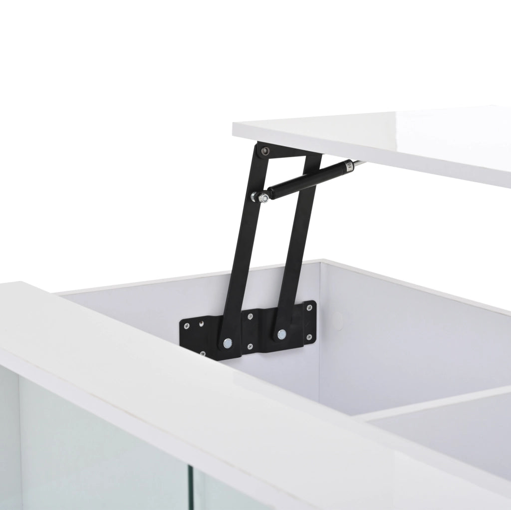 Tavolino da salotto 105x50x43 cm; rialzabile con LED e vano nascosto; truciolato; bianco