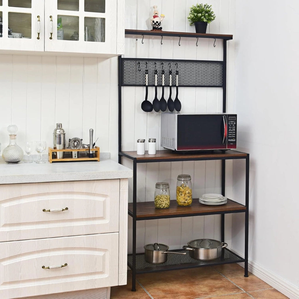 Scaffale per Panetterie con 4 Ripiani, Mobile per Microonde con 11 Ganci, per Cucina
