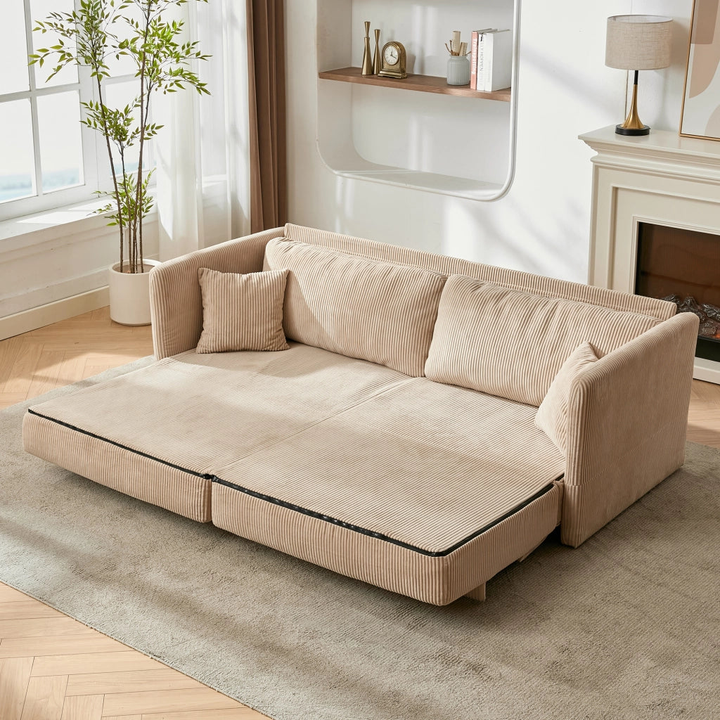 Divano convertibile in tessuto con funzione letto e cuscini imbottiti per soggiorno ufficio e studio beige