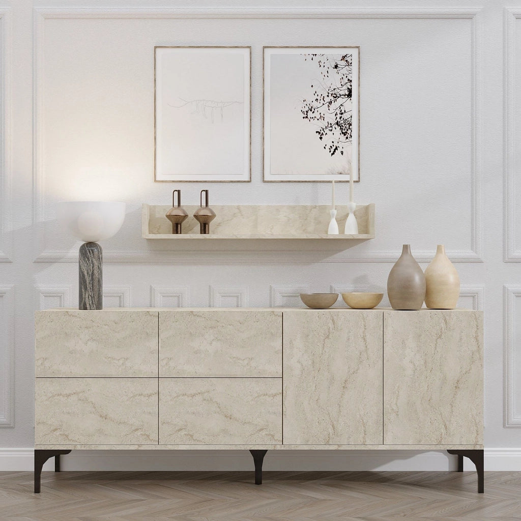 Credenza in legno con mensola a muro "Stella" - 180 x 40 x 55 cm - Travertino