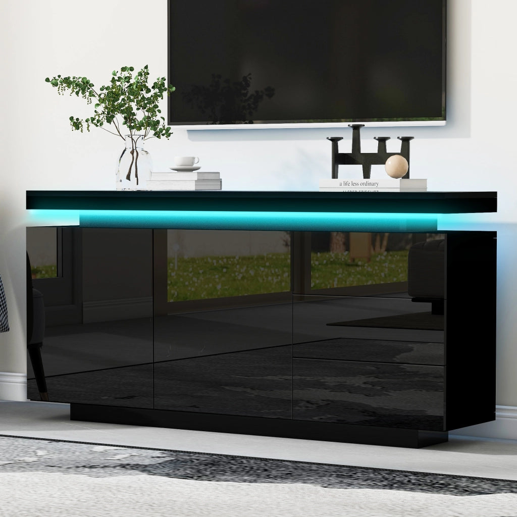 Credenza con 2 ante e 3 cassetti; illuminazione LED - per soggiorno - 140x35x72.5 cm - nera