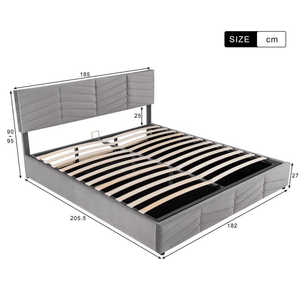 Letto matrimoniale imbottito 180x200 cm in velluto grigio con testiera regolabile e contenitore