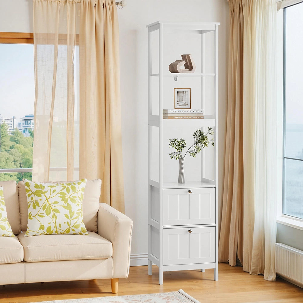 Armadio alto stretto 40x30x160 cm - Xylo - 2 cassetti, 3 ripiani, per bagno o lavanderia, bianco