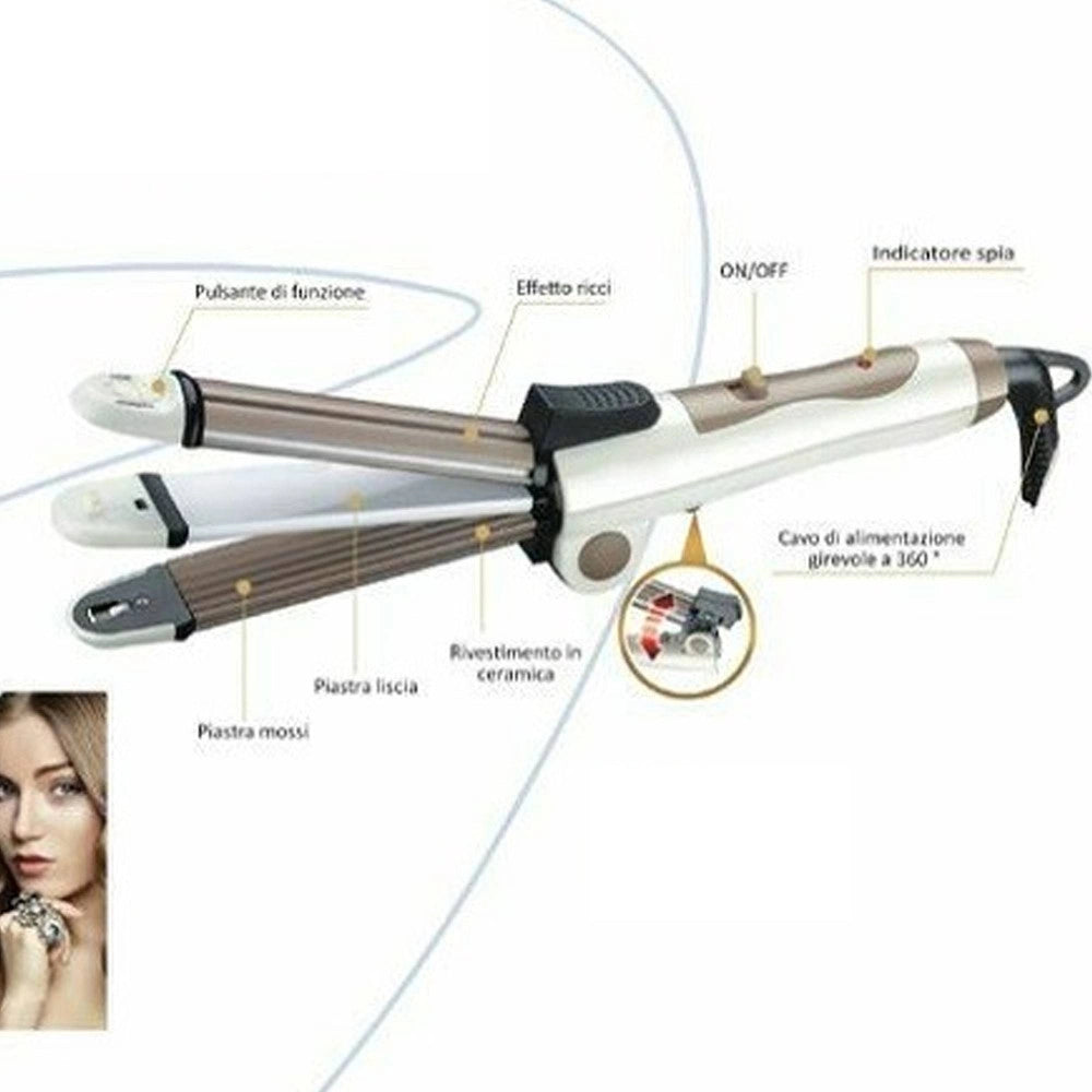 Trade Shop - Piastra Ceramica Arricciacapelli 3in1 Acconciatura Ricci Mossi Lisci Hairstyle -