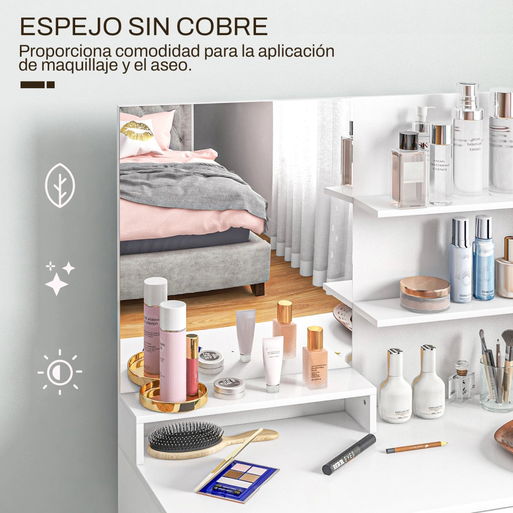 Cassettiera con Specchio e Sgabello ¨C Xylo ¨C Bianco Beige con Ripiani Aperti