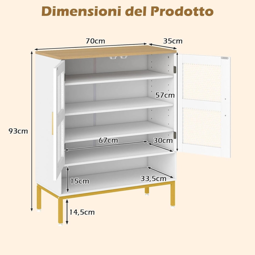 Scarpiera a 5 Livelli, Armadio Porta Scarpe con Porte in Rete, Ripiani Regolabili e Gambe in Metallo Per Ingresso, Corridoio, Armadio e Soggiorno (Bianco,70x35x93 cm)