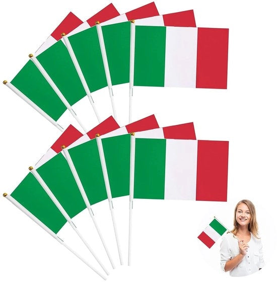 Mini Bandiera Italiana a Mano Manuale con Stick Hand Vlag, 10 Pezzi, Resistente ai Colori e Fade
