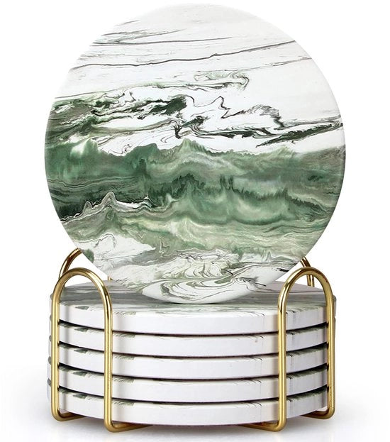 Set di 6 sottopiani ceramici verdi con supporto, sottopiani rotondi, sottopiani freddi per bevande, moderni, set di sottopiani assorbenti per tavoli da salotto, sottopiani decorativi, bar, sottopiani per esterni, sottopiani per regali