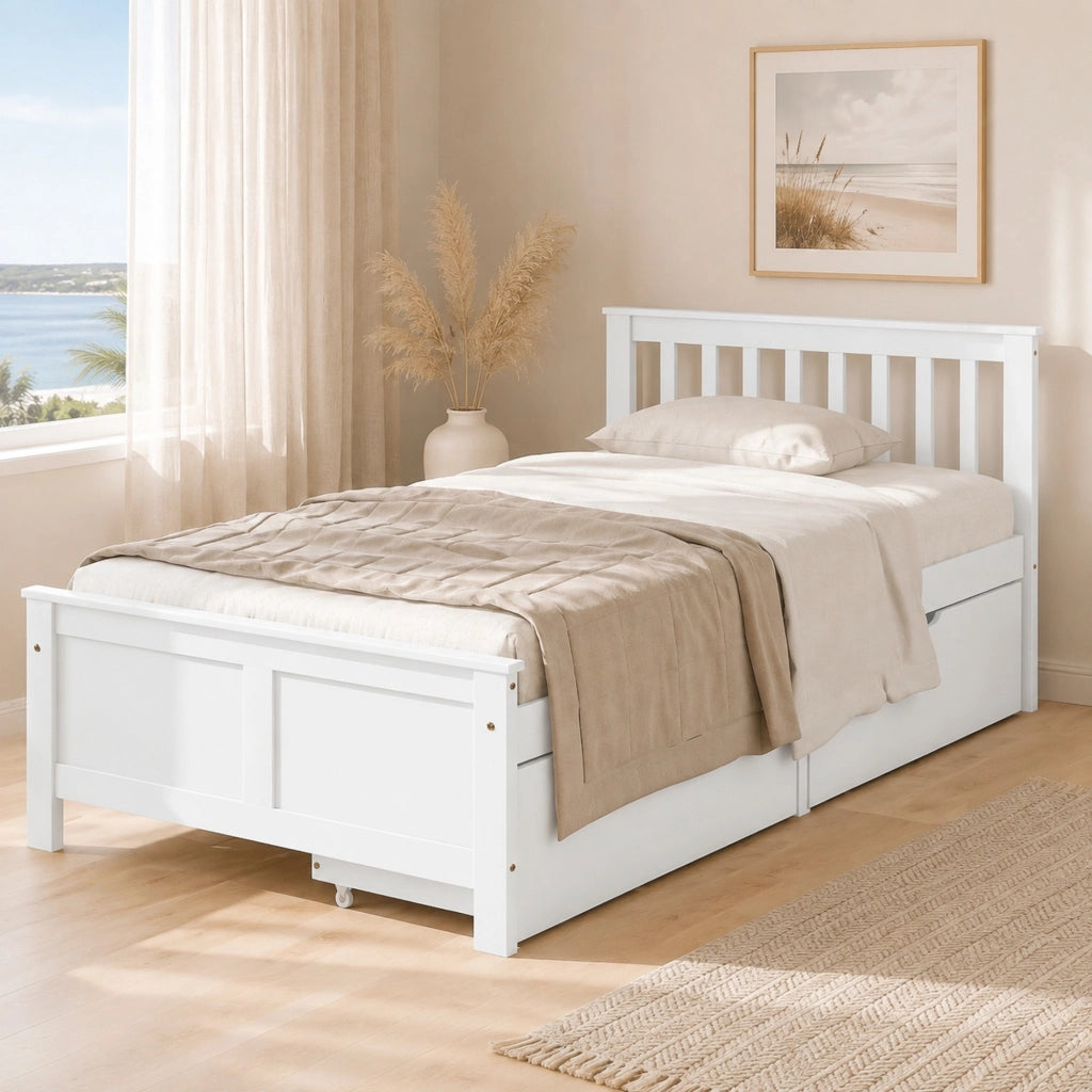 Letto singolo bianco con cassetti e struttura in legno massiccio