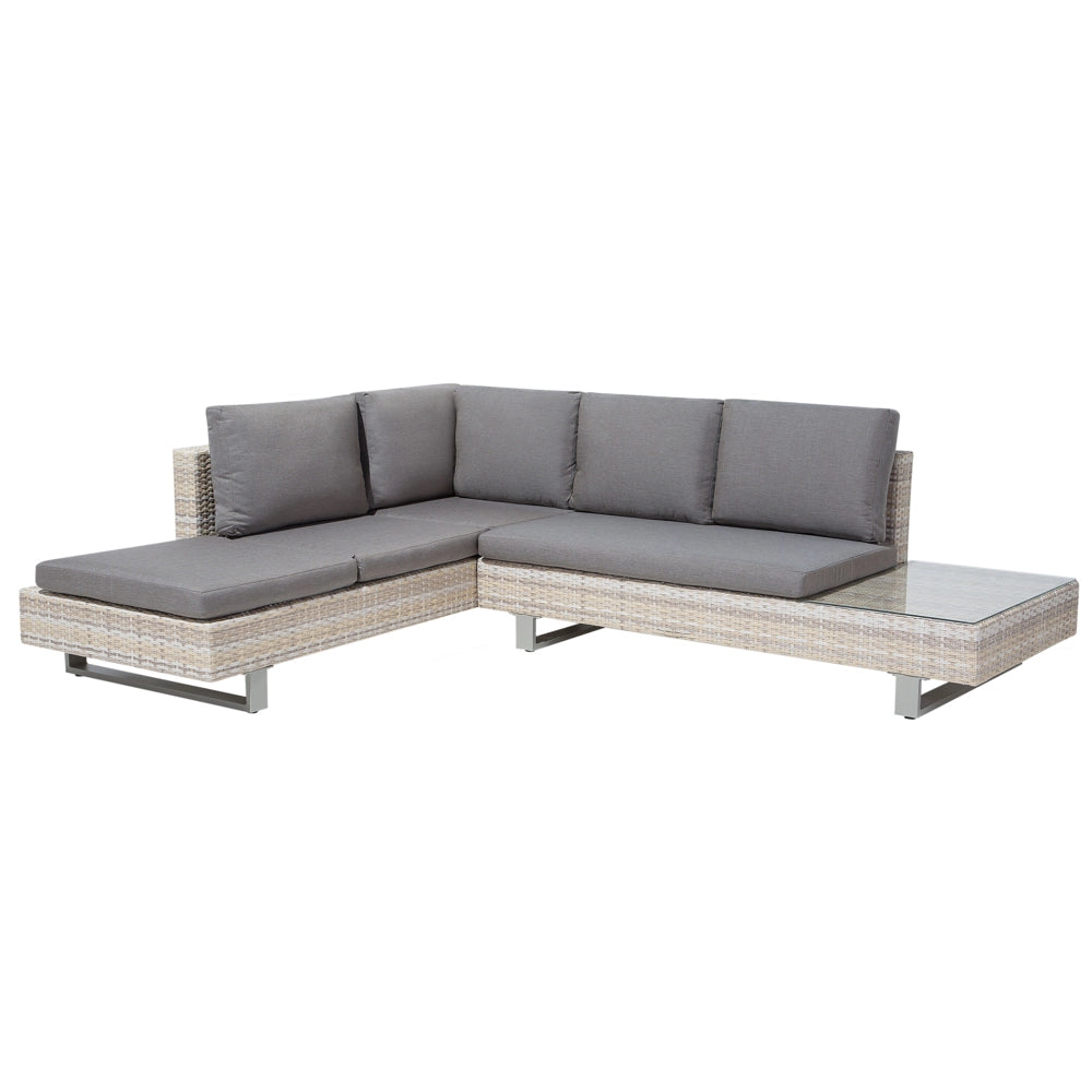 Divano ad angolo Set da giardino Cuscini grigi Beige 5 posti in rattan sintetico con tavolino da caffè