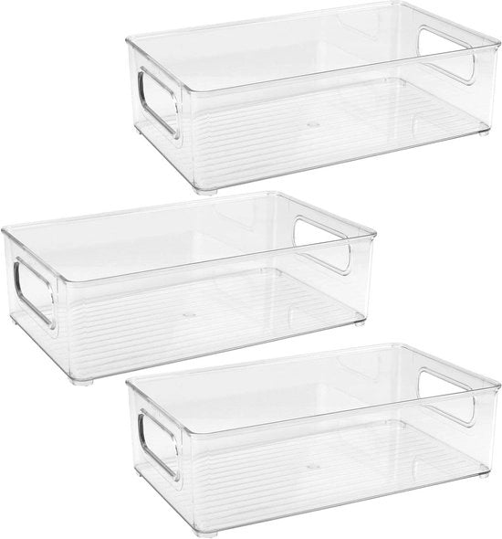 Set di 3 Box Frigorifero con Maniglia per Cestelli di Cucina - Medio 25,5 x 15 x 7,5 cm Translucido
