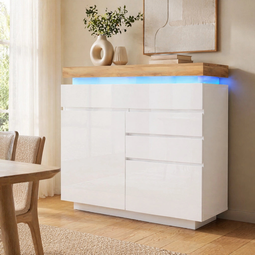 Sideboard lucido bianco con LED; 115 x 110 x 39 cm; in truciolare e MDF