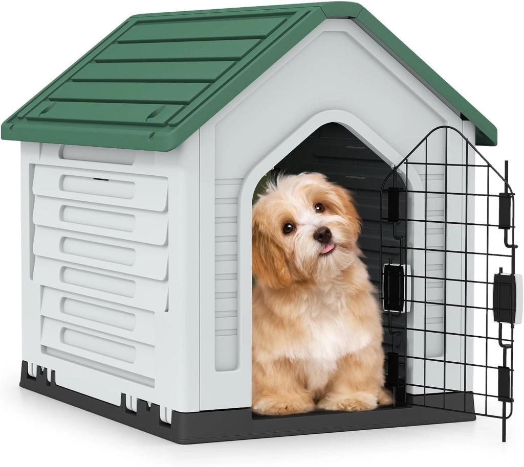 Cuccia per Cani da Esterno ed Interno, Casetta per Cani Impermeabile con Porta in Metallo Bloccabile e Prese d'aria e Tetto Spiovente, Cucce per Cuccioli per Casa, 66,5 x 52 x 60 cm (Verde)