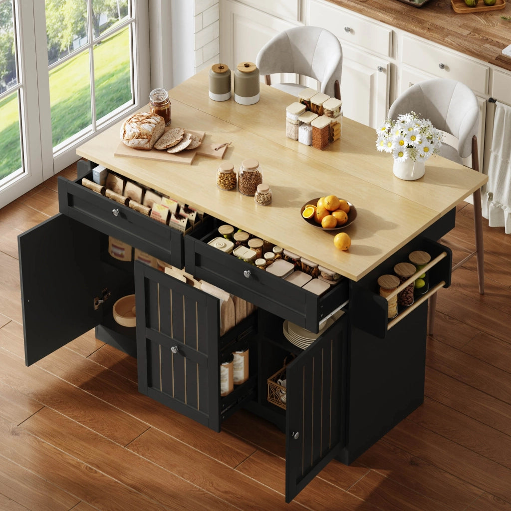 Isola cucina mobile pieghevole con piano estensibile, 2 cassetti verticali, 2 cassetti grandi e ruote frenanti