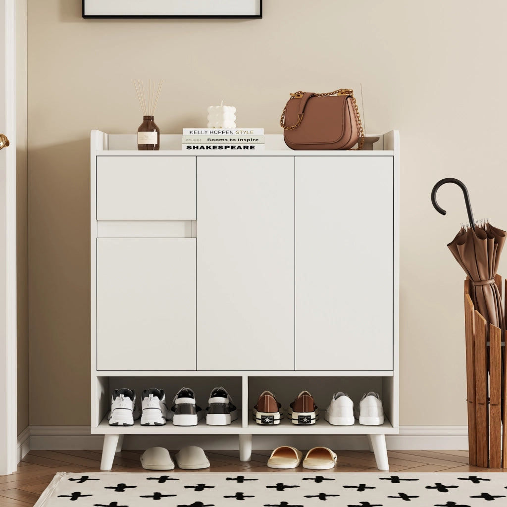Mobile contenitore moderno con ripiani regolabili e gambe in legno massiccio, bianco, H99 x L90 x P35 cm