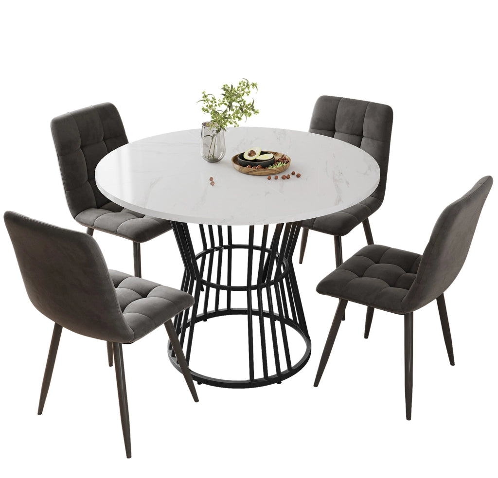 Tavolo da pranzo per 4 persone con 4 sedie, piano rotondo effetto marmo, struttura in metallo, multicolore