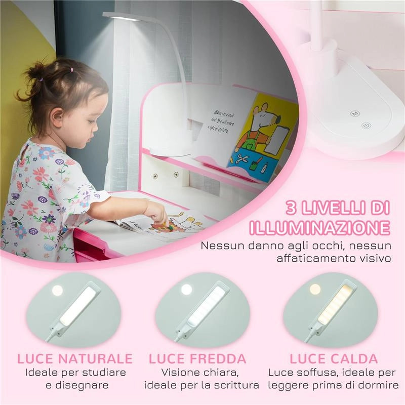 BANCO SCUOLA PER BAMBINI 6-12 ANNI REGOLABILE CON LUCE LED LEGGIO E PORTAPENNE IN MDF PP E ACCIAIO ROSA