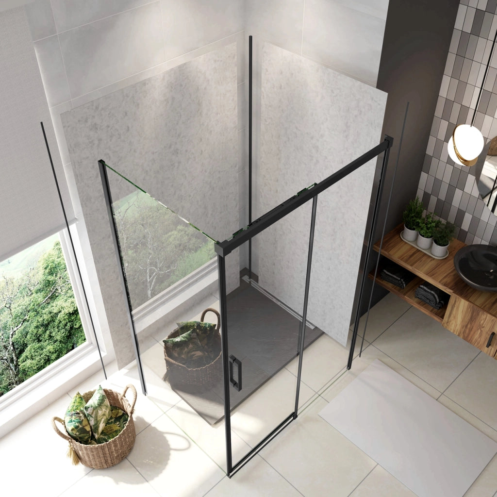195 cm Box Doccia Angolare 130X70 cm Porta Scorrevole con Parete Fissa Vetro 8 mm Temperato Anticalcare Trasparente Profilo Nero Opaco Softclose