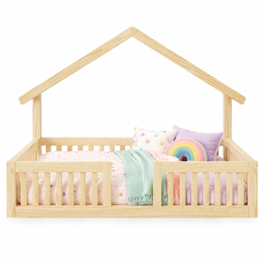 Letto a casetta per bambini 90x200 cm con sponde di sicurezza e luci LED; legno naturale