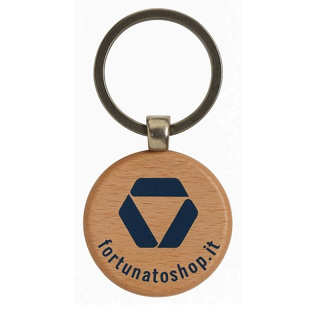 Portachiavi rotondo personalizzato in legno con logo geometrico blu scuro