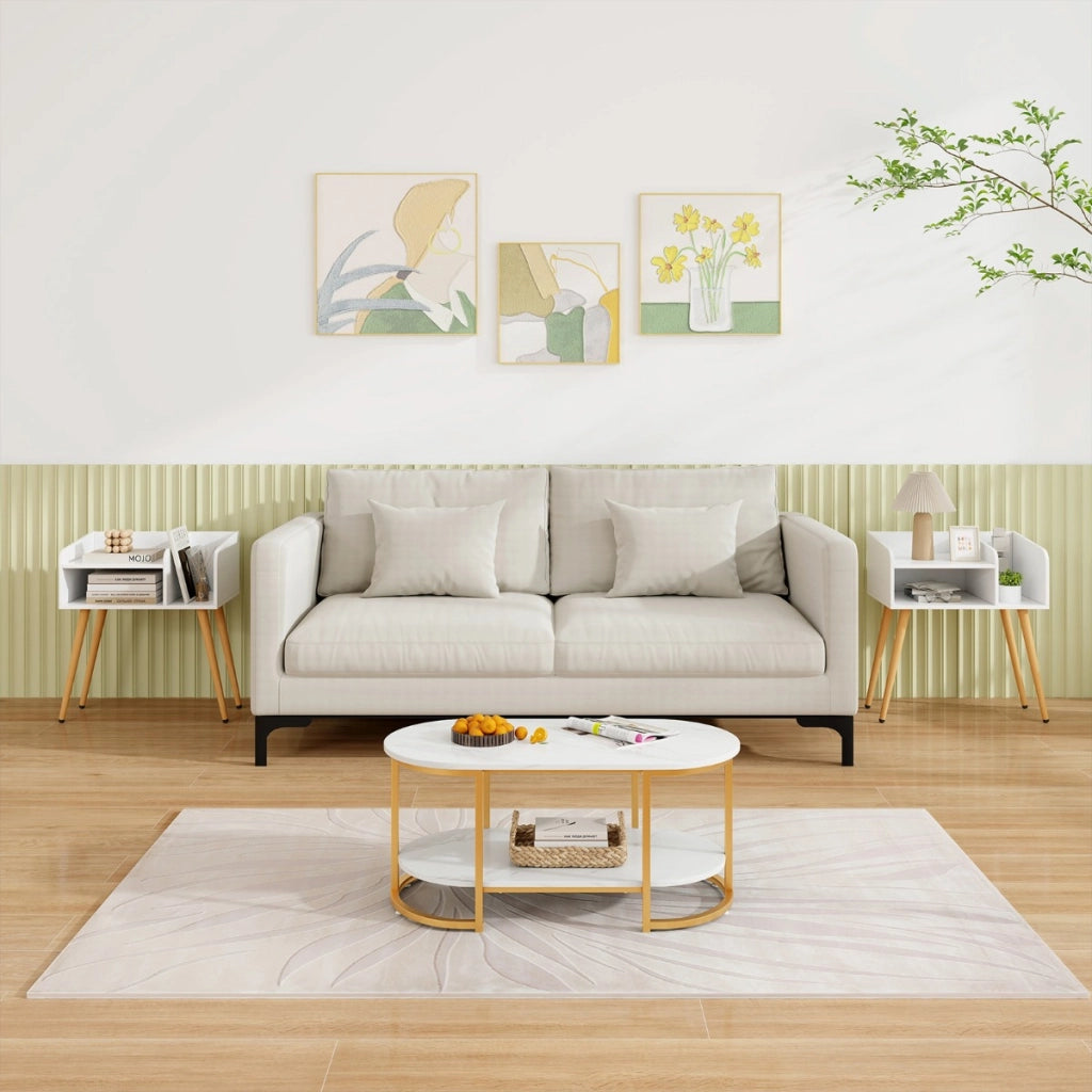 Set di 2 Comodini in stile moderno semplice ma pratico, Tavolini a 2 piani con mensole aperte Bianco + Naturale-Comodini