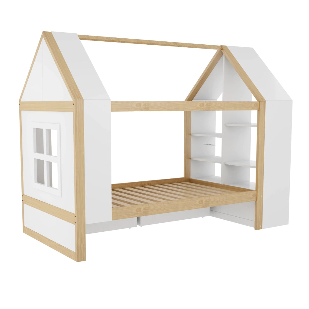Letto Casetta Letto Singolo 90x200 cm con 2 Cassetti; LED e Spazio Contenitore
