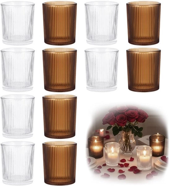 Supporto per candela in vetro 12 pezzi - Olandese - Tappetino antiscivolo - Decorazione da tavolo - Candelabro - Camera da soggiorno - Vetro di alta qualità - Sostegno per candela