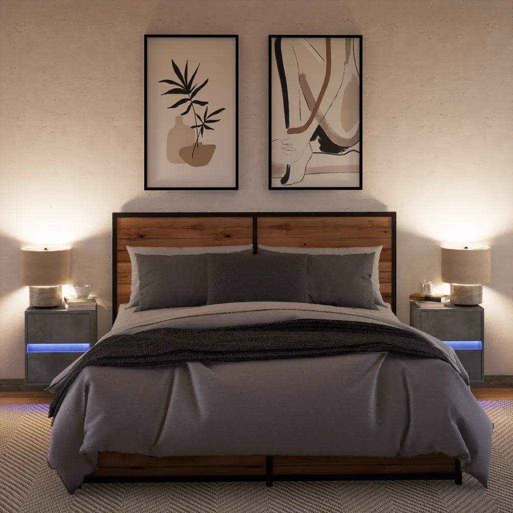 Comodini a Parete con Luci LED 2 pz Grigio Cemento