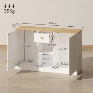 Credenza bianca con cassetto, 2 ante e 2 vani aperti, 120 x 35 x 75,2 cm