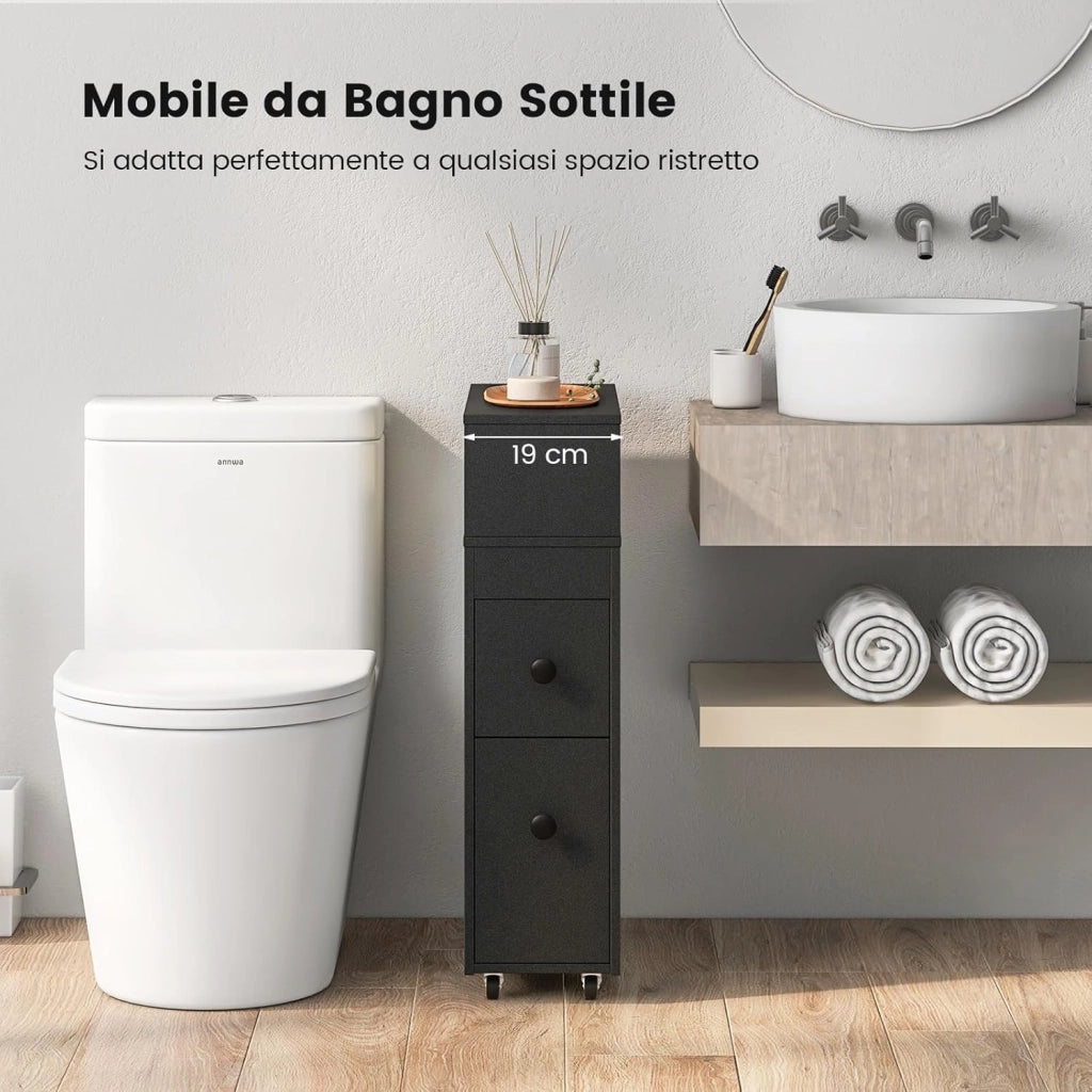 Mobile Bagno 50 x 19 x 72 cm, Arredo Salvaspazio con 2 Cassetti, 2 Cesti in Rattan, Ruote e Ripiani, Armadietto Stretto per Spazi Ridotti, Salotto e Cucina (Nero)