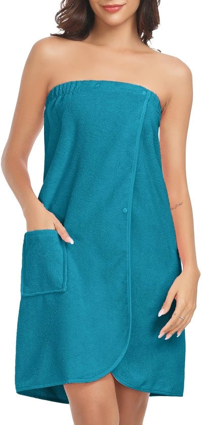 Sauna badjas per donne in tessuto bad, con tasche, chiusura a bottone e elastico, blu-verde, S-M