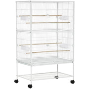 GABBIA PER UCCELLI DA INTERNI CON VASSOIO ESTRAIBILE, 4 RUOTE E TRESPOLO, 78X52X132 CM, BIANCO