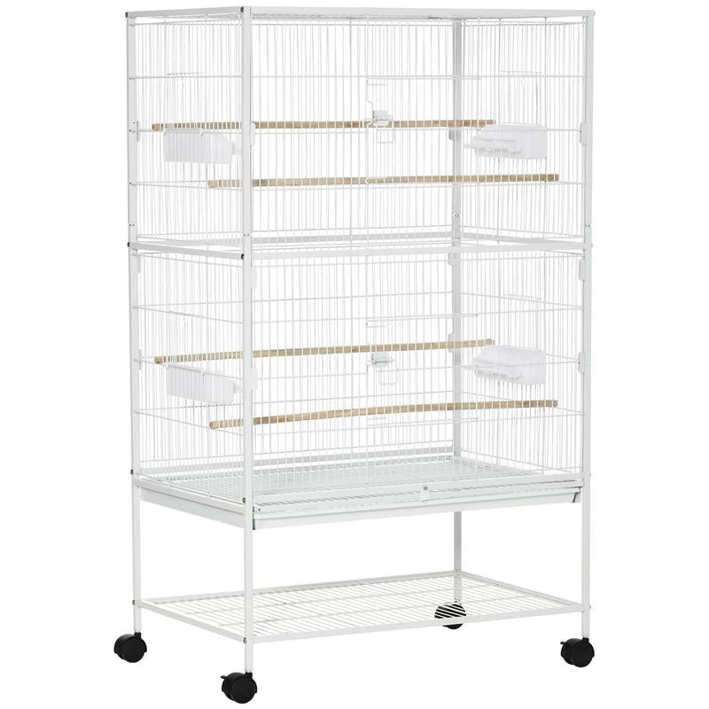 GABBIA PER UCCELLI DA INTERNI CON VASSOIO ESTRAIBILE, 4 RUOTE E TRESPOLO, 78X52X132 CM, BIANCO