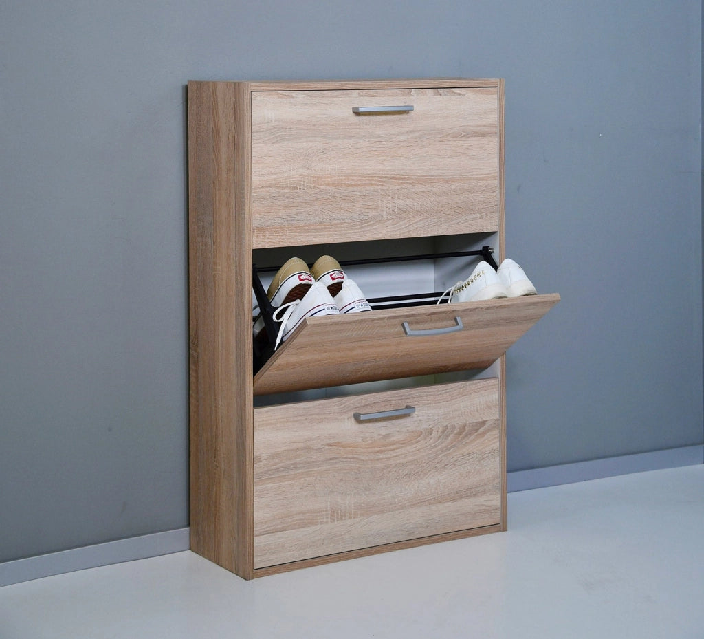 Scarpiera Salvaspazio 3 Ante Doppia Profondità 18 Paia 65x25x99,6 cm in Truciolare Nobilitato Rovere Sonoma