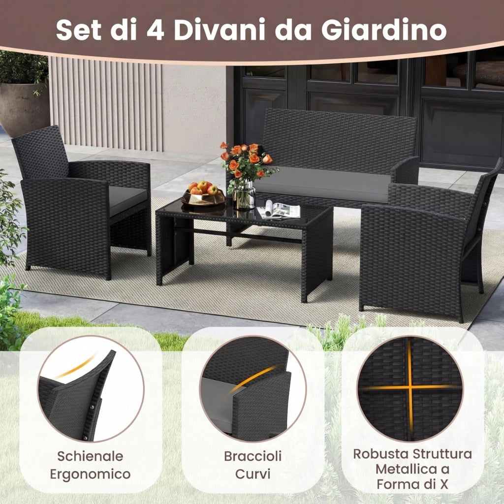 Set Salotto da Giardino 4 Pezzi, Divanetto e Poltrone in Rattan con Tavolino da Caffè in Vetro Temperato, Set di Mobili da Esterno Imbottiti per Cortile, Veranda e Bordo Piscina (Grigio)