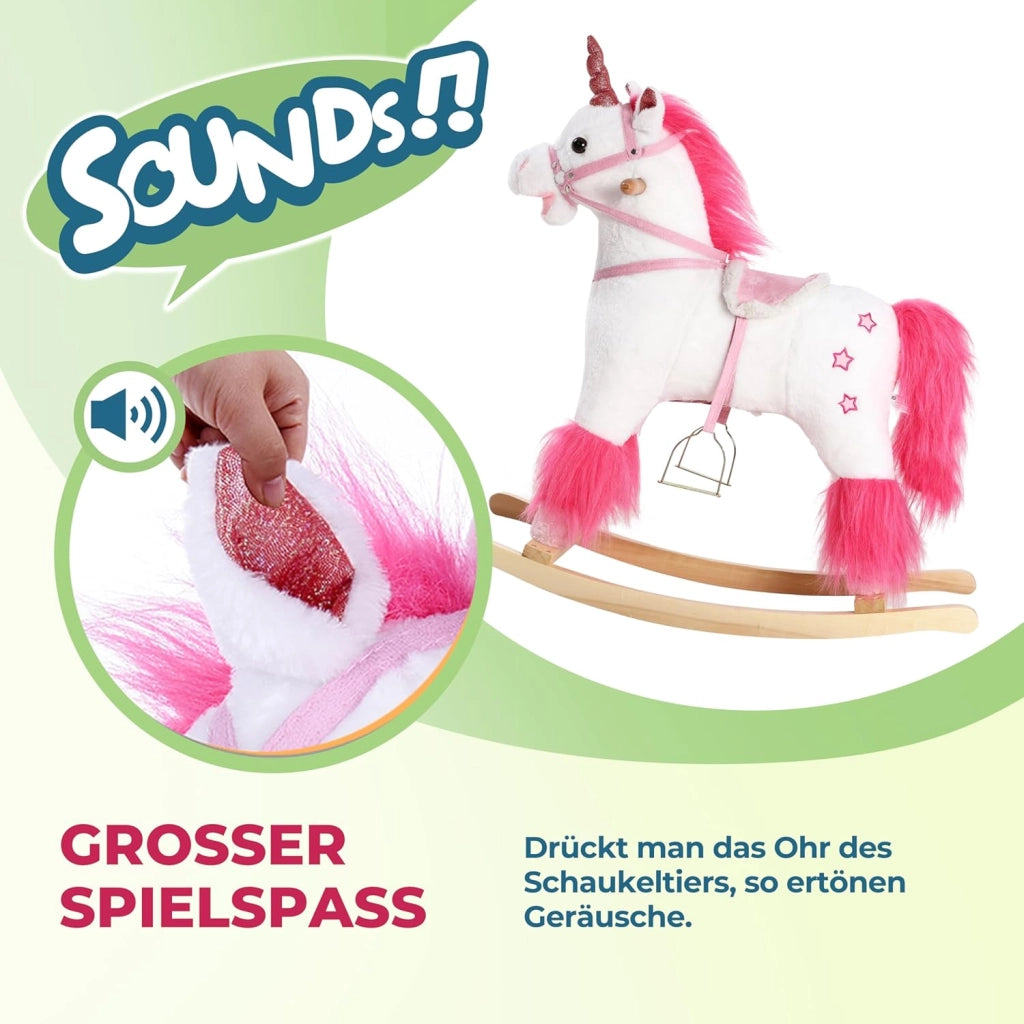 DEUBA® Unicorno Peluche a Dondolo in Legno con Suoni Animale a dondolo Giochi Infanzia Gioco Bambini Giocattolo Regalo