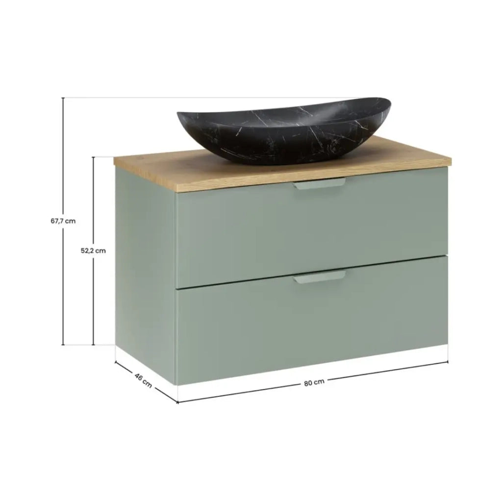 Set OSTER 80cm: mobile con cassetti verde salvia + piano per lavabo + lavabo da appoggio nero striato bianco