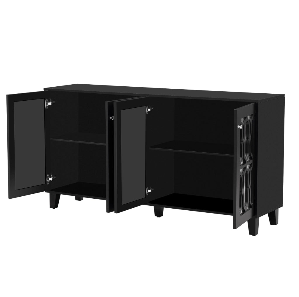 Credenza nera con superficie a specchio; 4 ante e 2 ripiani interni mobili; 160x40x84 cm in MDF